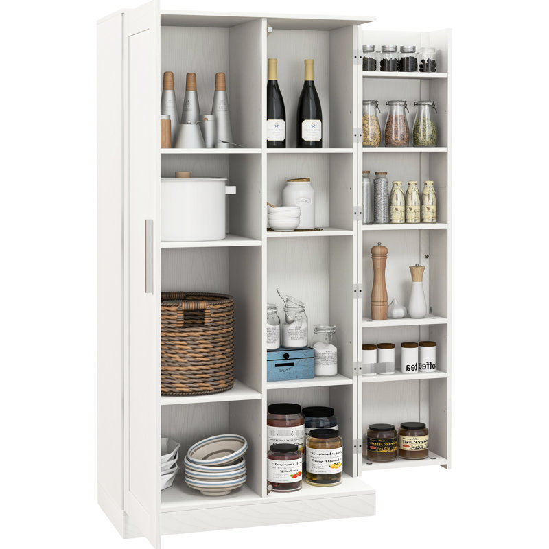 Armoire de rangement blanche pour garde-manger, 14 portes, 2 tablettes réglables pour une utilisation polyvalente dans le salon et la salle à manger, 2 portes, 14 tablettes, blanc, améliore l'organisation de la pièce