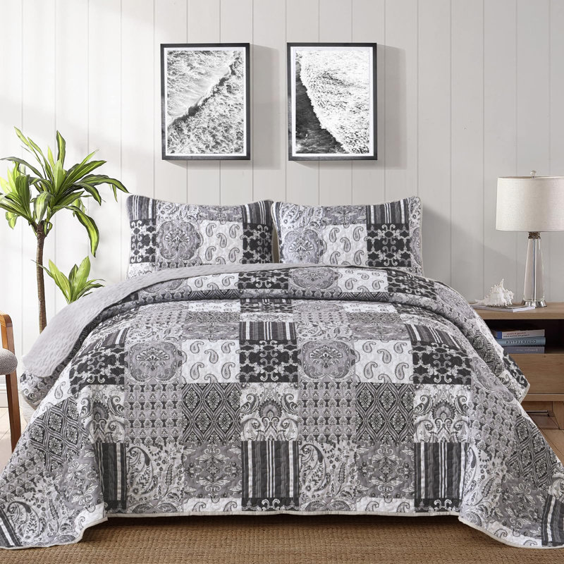 Ensemble de courtepointe à carreaux en microfibre 3 pièces Paisley Boho, Gris
