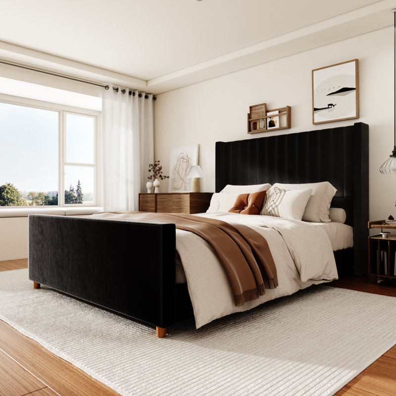  Plainfield Velvet Upholstered Wingback Platform Bed with Headboard and Footboard, Queen, Black