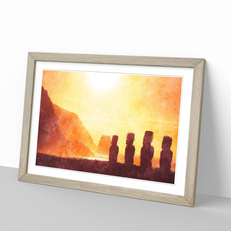 Moai in Easter Island Polynesia - Picture Frame Graphic Art, 36cm H x 48cm W x 2cm D, Oak