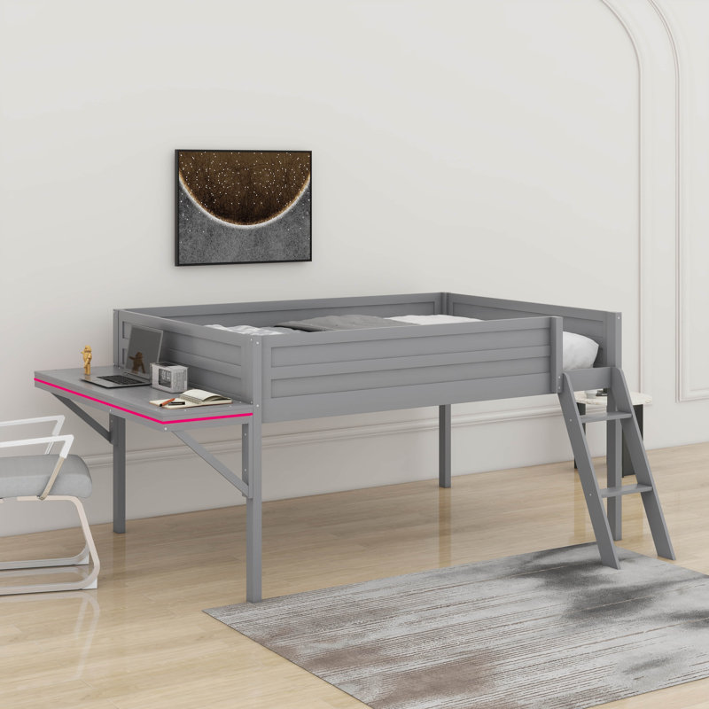Lit mezzanine double en bois avec bureau et DEL