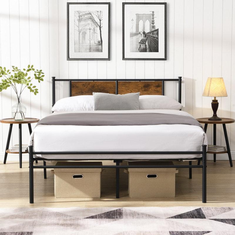 Cadre de lit en métal, tête de lit avec décoration en bois, Lit double 