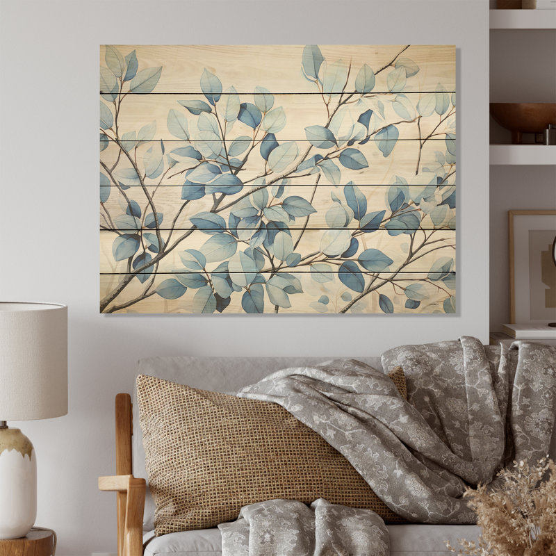 Bleu et gris «Bloom» - feuilles, art mural sur bois de pin naturel, H 24 po x l 32 po