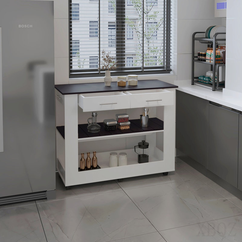Îlot de cuisine compact avec deux tiroirs, un comptoir ouvert et deux tablettes de rangement en dessous
