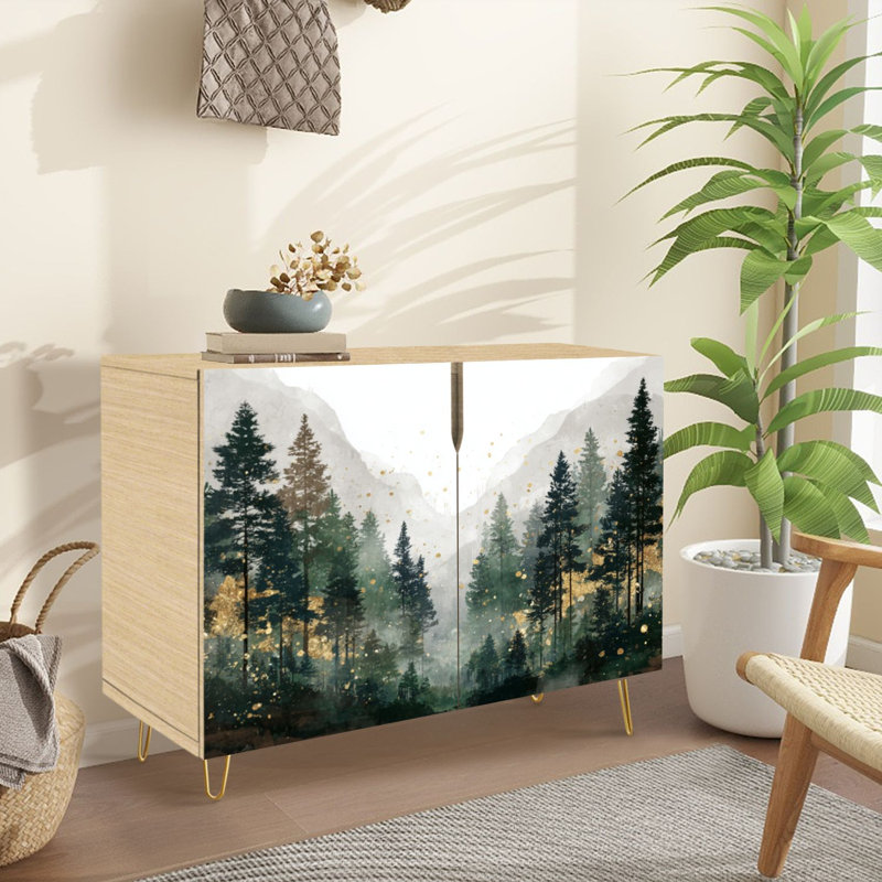 Buffet Buffet avec rangement Aquarelle Paysage de forêt avec 2 portes pour le salon et la cuisine