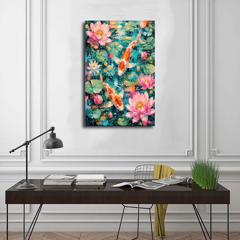 Toile, art mural Koi, poisson et lotus, impression sur toile, affiche rétro, décoration intérieure, 12x18in
