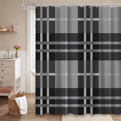 Grey White Tartan Plaid Monochrome Shower Curtain with 12 Hooks