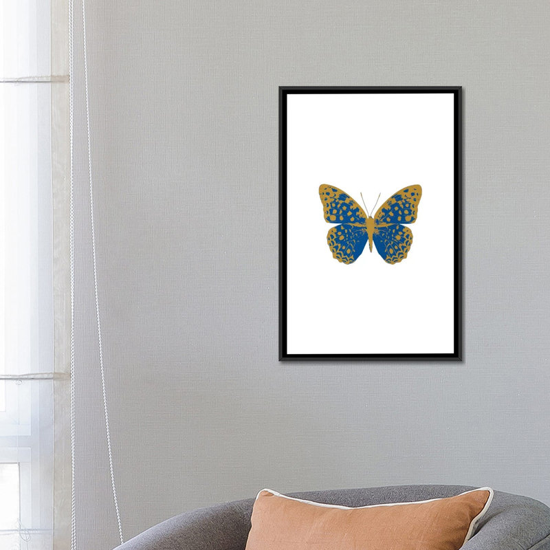 «Butterfly», impression sur toile en bleu, H 26 po x l 18 po x P 1,5 po, Toile avec cadre noir, Pas de tapis