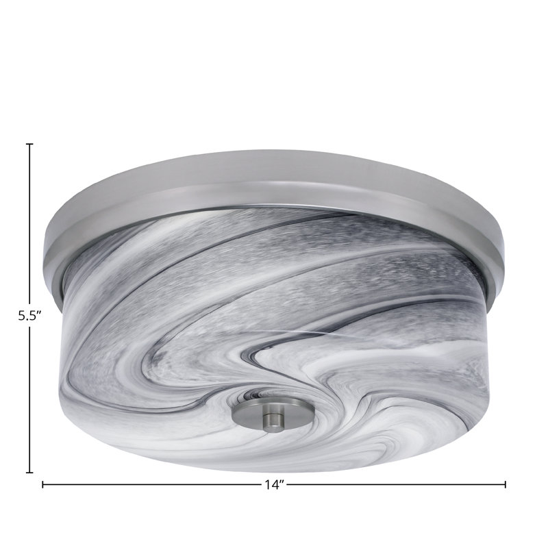 14" Flush Mount, 3-Bulbs, With Onyx Swirl Glass, Brushed Nickel, Transparent/Black