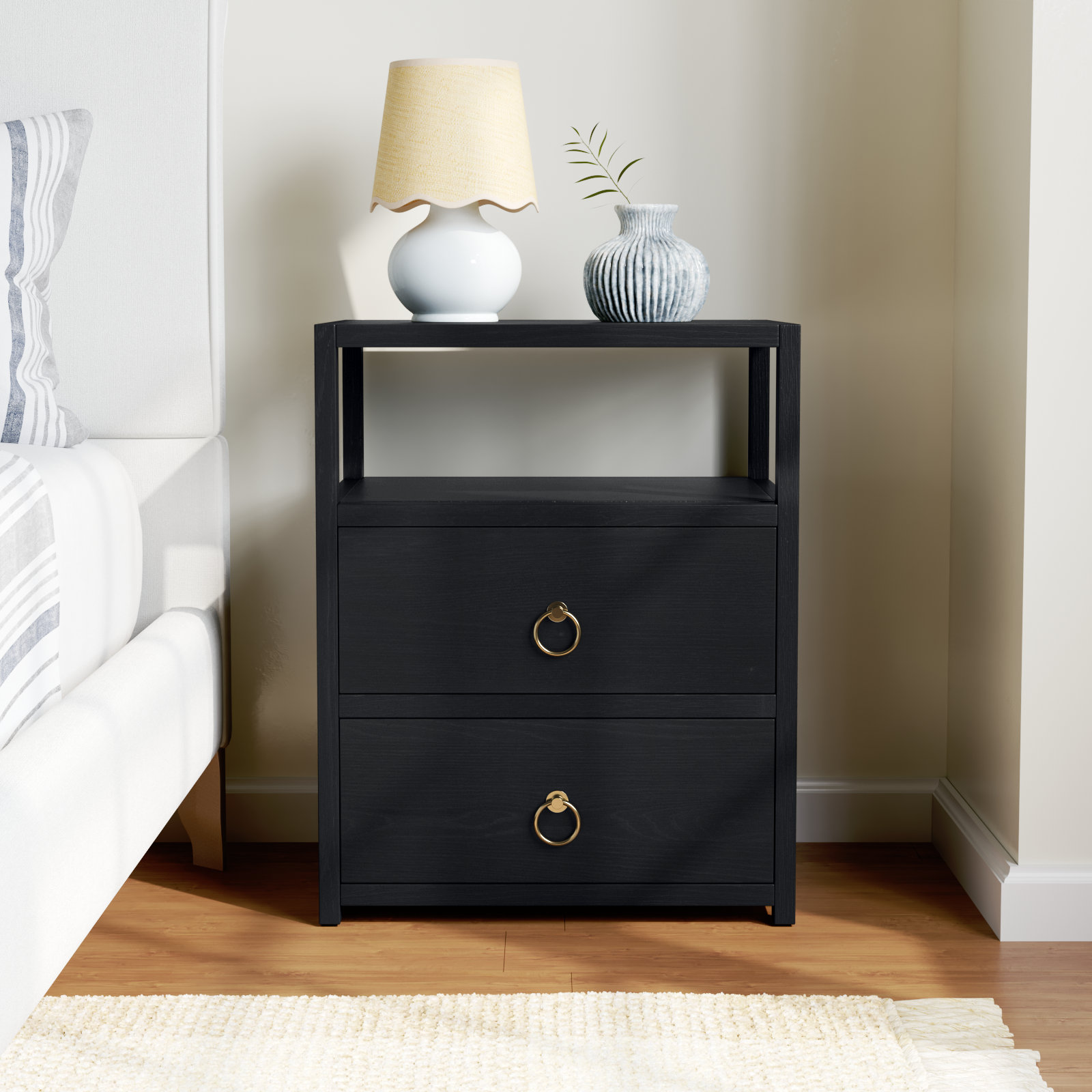 Elin 2-Drawer Acacia Nightstand, Navy Blue