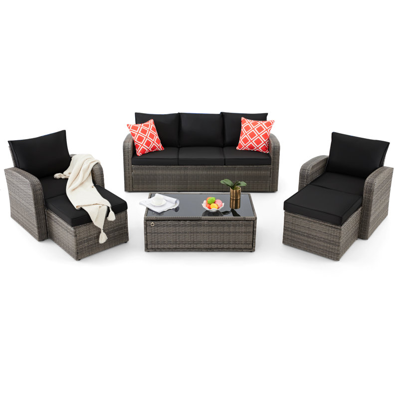 6 Piece Sofa Seating Group With Cushions, Black Cushion/Gray Frame