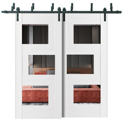 Portes coulissantes de placard en verre opaque de style grange, 122 x 203 cm, Sete 6999, blanc soie avec miroir, rails modernes de 2 m, quincaillerie, porte de placard de chambre en bois massif.