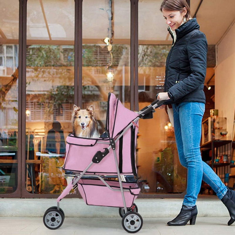 New Pet Poussette Chat Cage pour chien 3 roues Poussette pliante T13, Rose