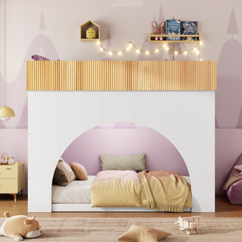Lit superposé en bois avec échelle, bande lumineuse DEL et sommier à lattes, Simple sur simple, Blanc / naturel