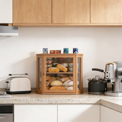 Corner Bread Box For Kitchen Counter, Large Capacity Bamboo Bread Storage Bin With Acrylic Wavy Door Panel For Freshness And Space Saving