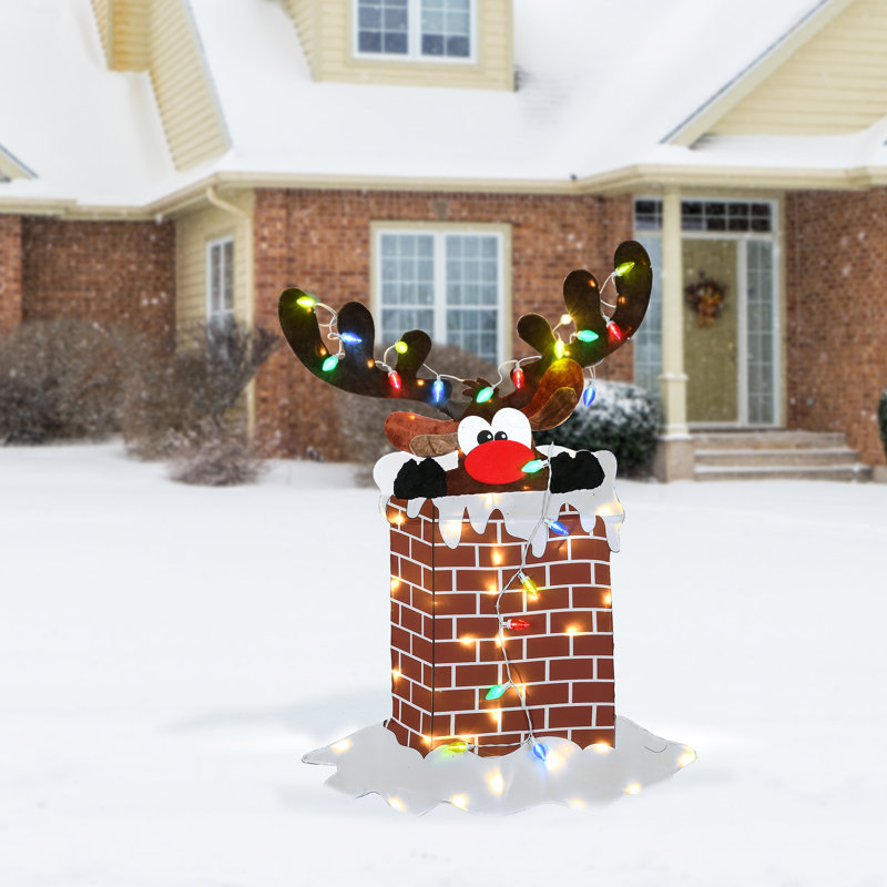 47-Inch Multicolored LED Reindeer in Brick Chimney Christmas Decoration