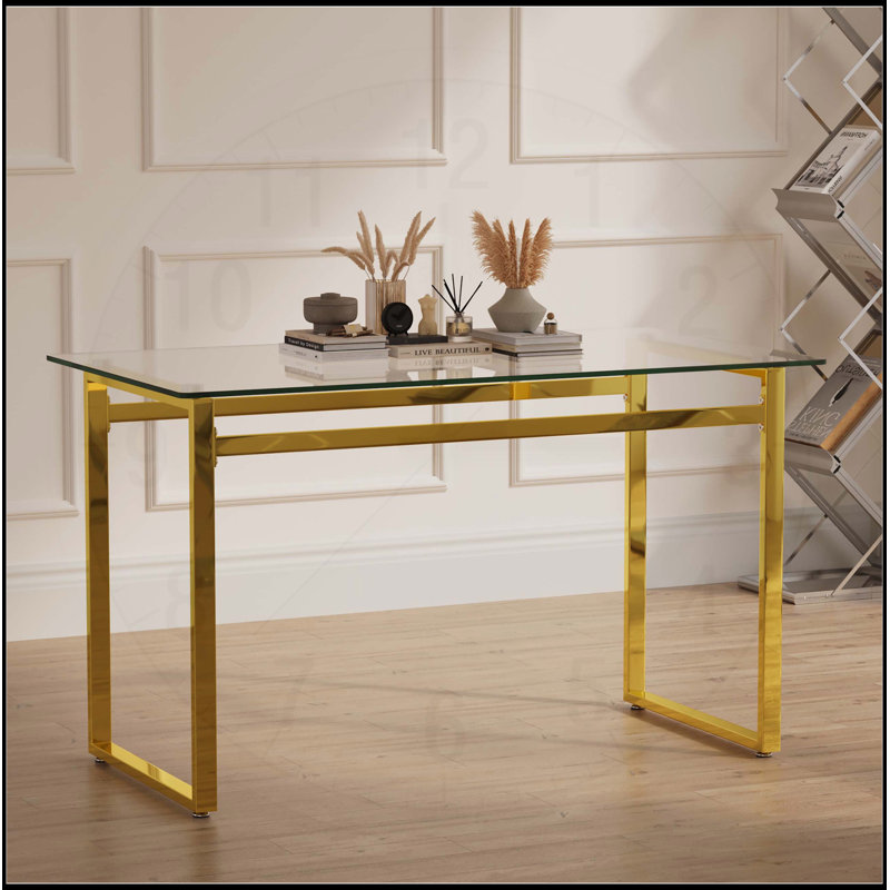 Modern Minimalist Rectangular Glass Dining Table for 4-6, Tempered Glass Top, Golden Chrome Legs, Versatile Use in Kitchen and Living Room
