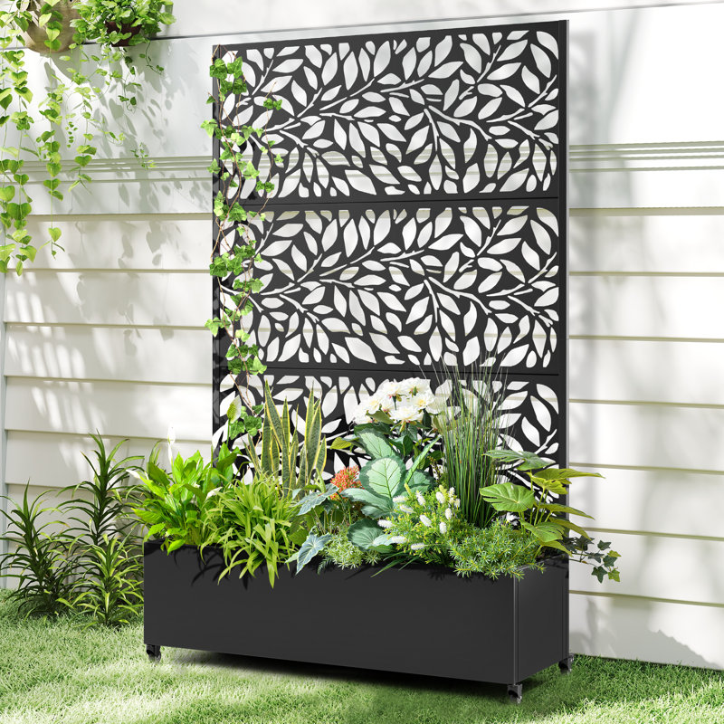 Metal Planter Box with Trellis, Freestanding Raised Garden Bed with Drainage Hole, Sturdy Trellis Planter Box for Patio, Balcony, or Deck