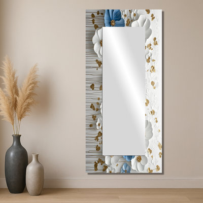 Fleurs sauvages en bleu et blanc crème II - miroir floral pour décoration murale - imprimé sur métal