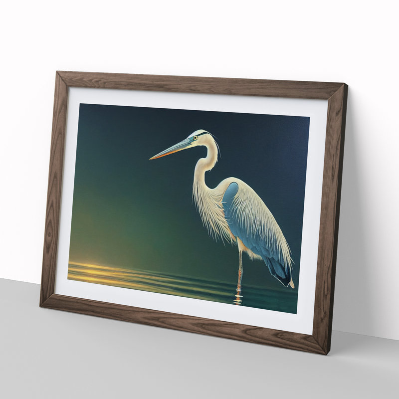Attractive Heron Bird - Single Picture Frame Print, 34cm H x 46cm W x 2cm D, Walnut