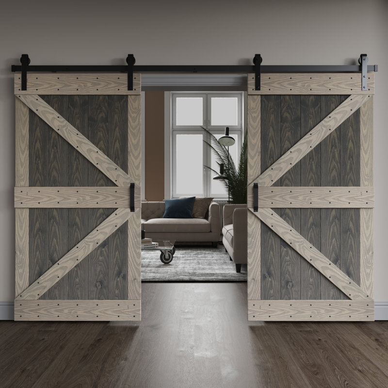 Porte de grange coulissante double K Series, Gris foncé / gris pâle, 84 po x 84 po