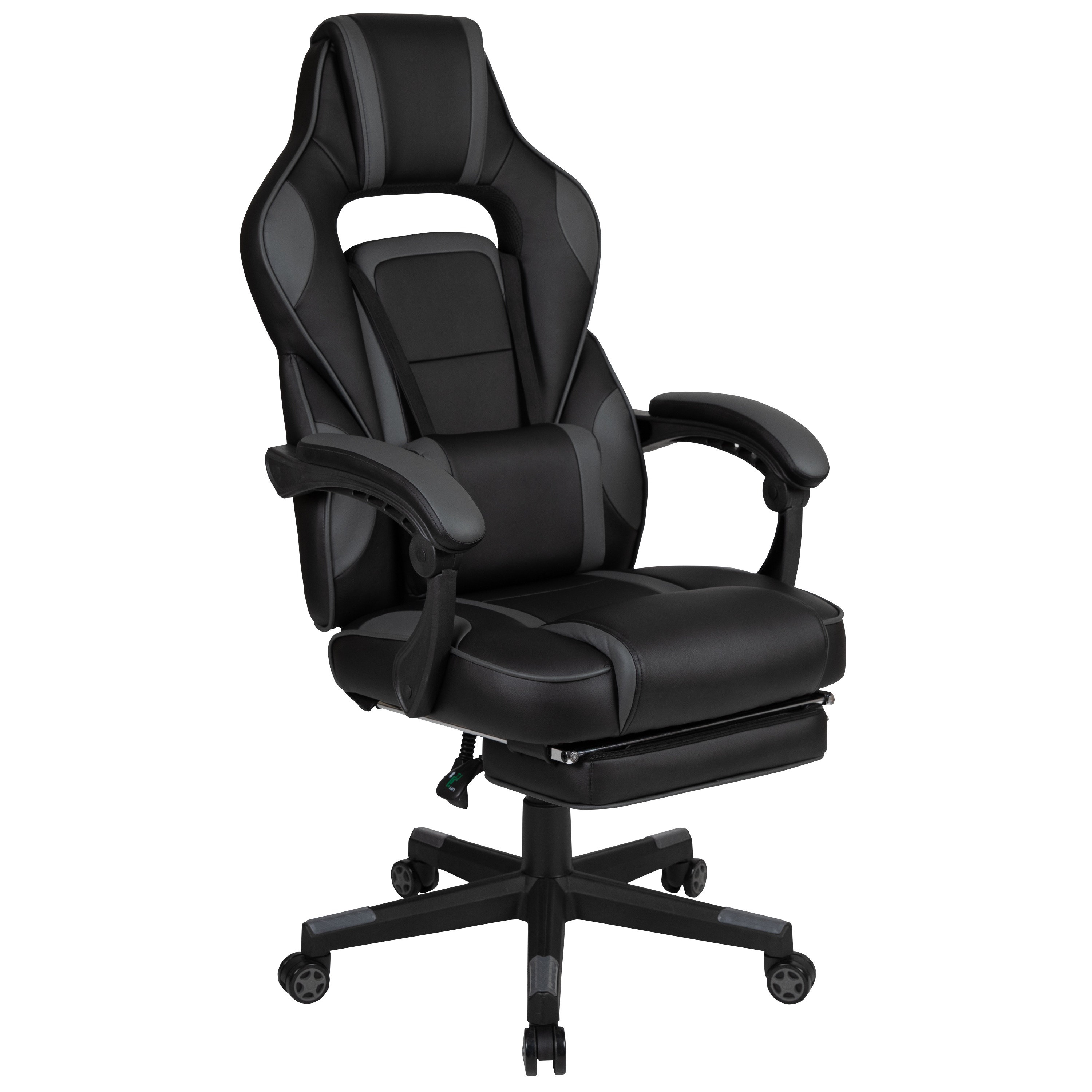 FORCLOVER Blue Leather Reclining Swivel Game Chair with Adjustable Arms and Lumbar Massage Cushion