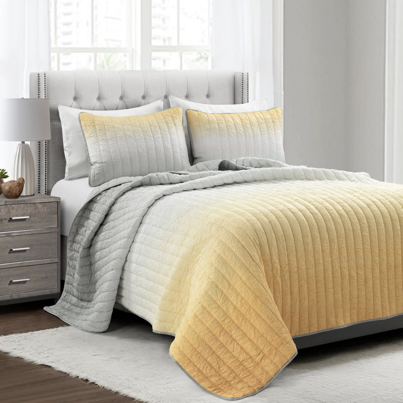 Ensemble de courtepointe en microfibre Crinkle Ombre, Très grand, Jaune/gris