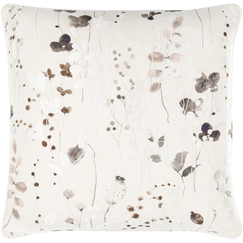 Ivory and Light Silver Floral Cotton Throw Pillow 18" x 18"