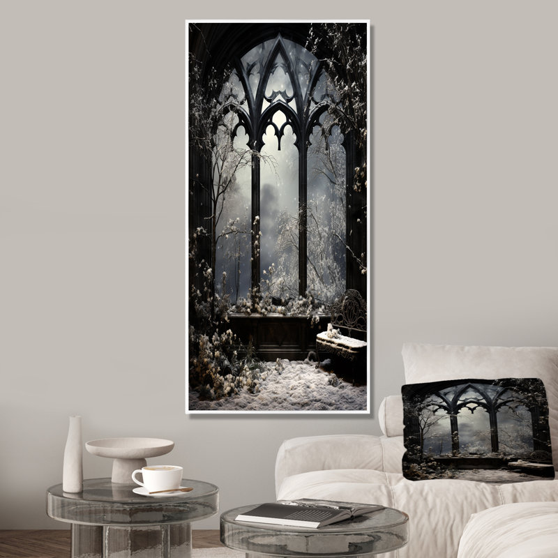«Midnight Gothic Winter Window View III - Winter Landscape», art mural, Black Picture Framed, 20" H x 12" W