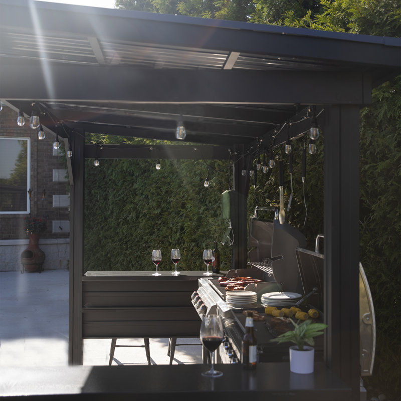 Abri de jardin pour barbecue en acier galvanisé à toit rigide de 12 pi x 6 pi avec dessus de bar et PowerPort Backport Discovery Rockport XL