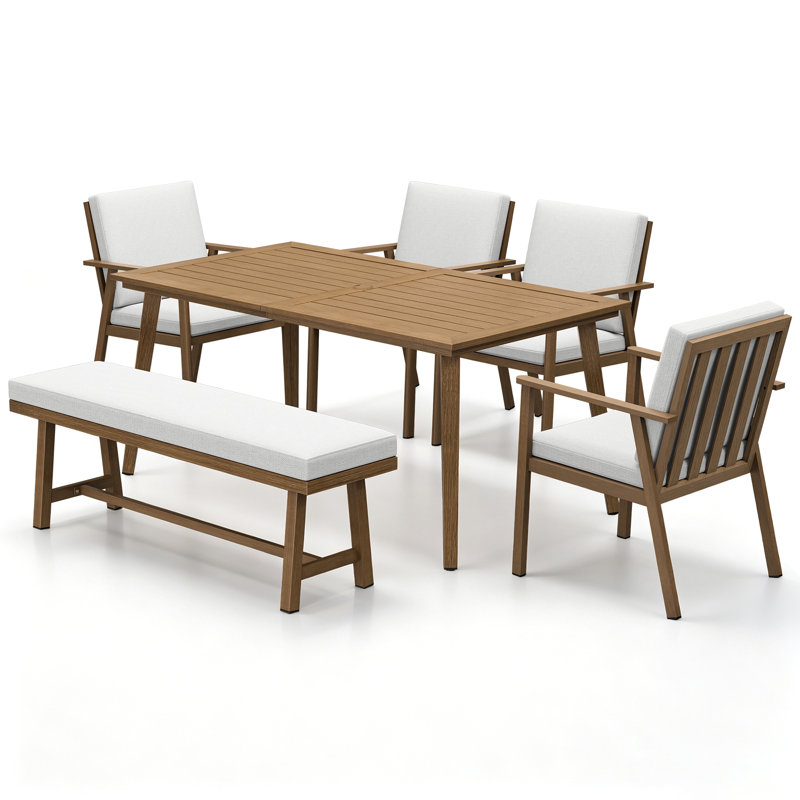 Seehill 6-Piece Outdoor Dining Set, Aluminum Outdoor Table and Chairs Set with 4 Dining Chairs & Backless Bench, Weather-Resistant Bench Dining Table Set with Removable Cushions for Garden, Deck, Teak