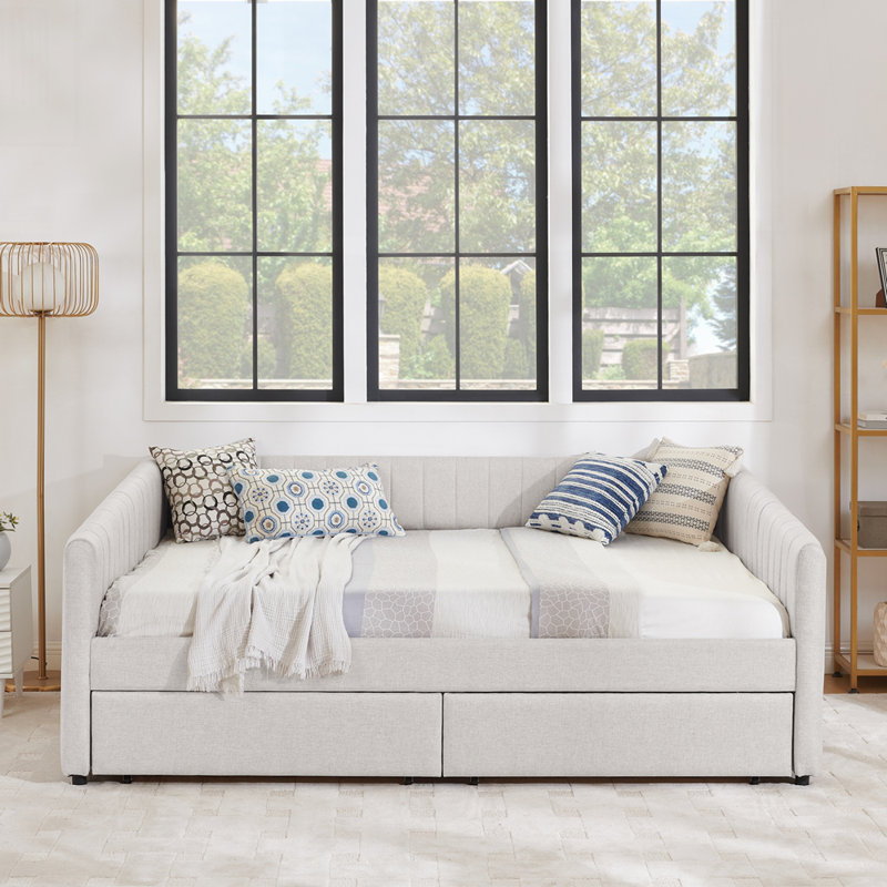 Stylish Vertical Stripe Daybed with Storage and Comfortable Foam Padding for Modern Living Spaces, Beige