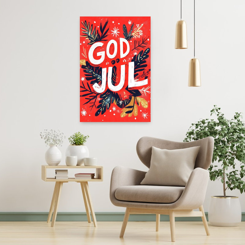 God Jul Christmas Greeting Pine Winter Wall Art Print 1 Piece Wrapped Canvas Wall Art, 91.44cm H x 60.96cm W