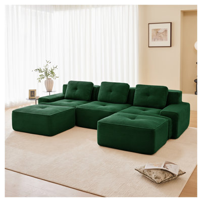 117" Modern U-Shaped Modular Sectional Sofa for Living Room, Corduroy Fabric, 3-Seater Couch with Deep Seat and Movable Ottoman, Pearl-like piping, Tufted Design, No Assembly, Anti-slip Design, Green