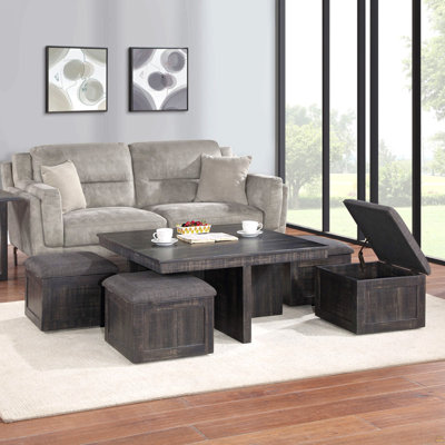Table basse en chêne gris de 38 po avec tabourets de rangement