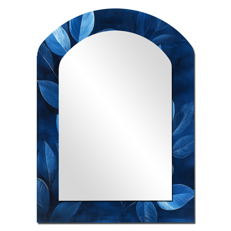 Navy Leaves Echoes Of The Forest Floor I - Leaves Arch Decorative Wall Mirror, Blue Asymmetrical Large Mirror, Printed Metal Art