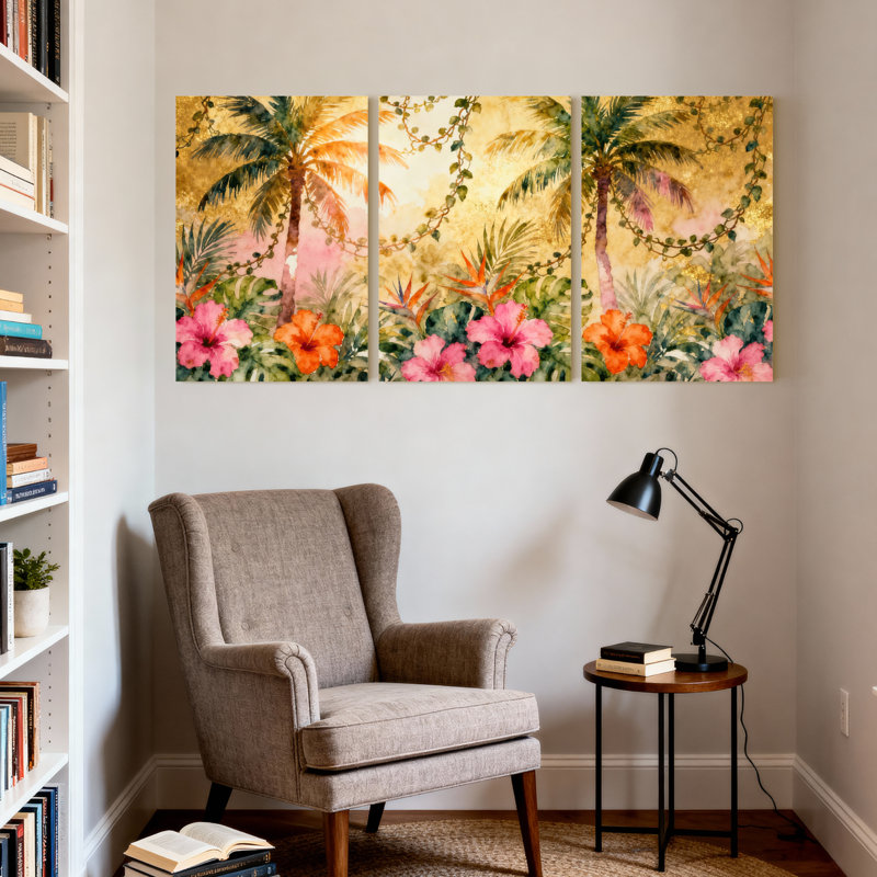 Palmiers, fleurs tropicales, palmiers, fond doré, ensemble de 3 impressions d'art sur toile, H 30 po x l 60 po