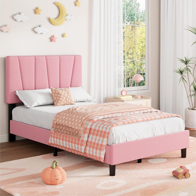 Twin Size Platform Bed Frame with Upholstered Headboard, Wood Slat Support, No Box Spring Needed, Easy Assembly, Twin XL