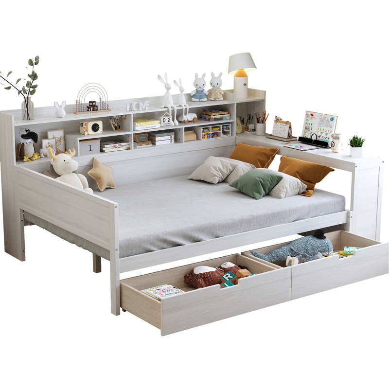 Full Size Wooden Daybed With Compact Shelf Arrangement And Studying Desk, Antique White Strategic Storage Placement Desk Function