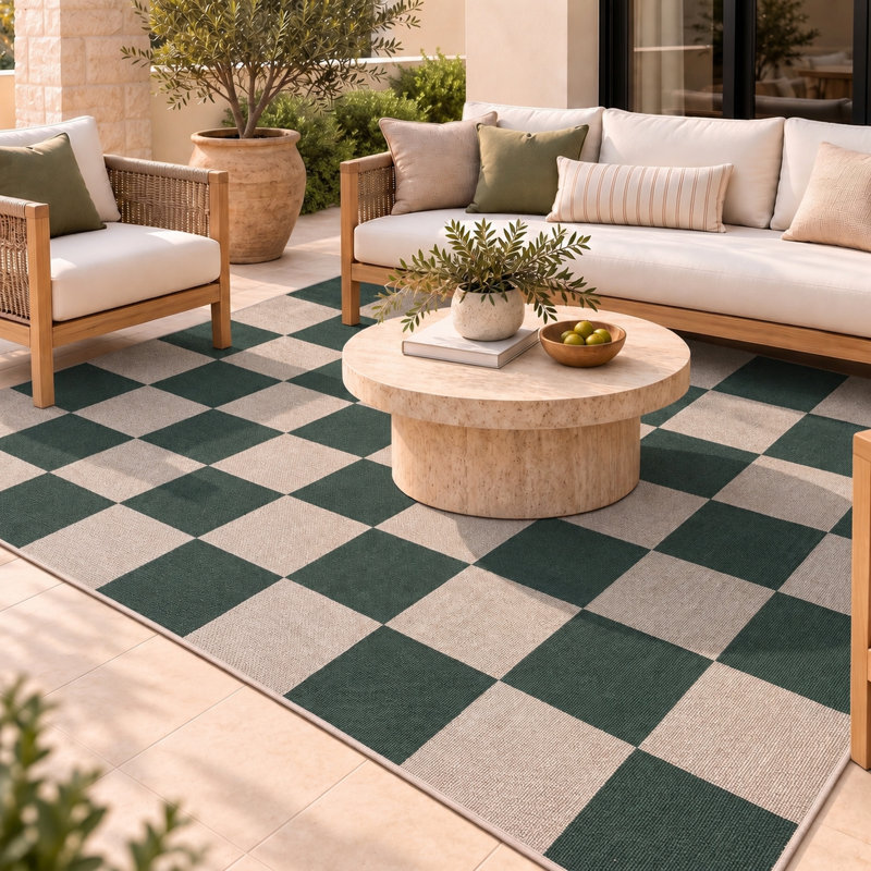 Washable Plaid and Geometric Indoor / Outdoor Rug, Vert foncé / naturel, Rectangle 4 pi x 6 pi