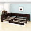 Lit plateforme en L avec lit gigogne, tiroirs de rangement et tablettes-104742995