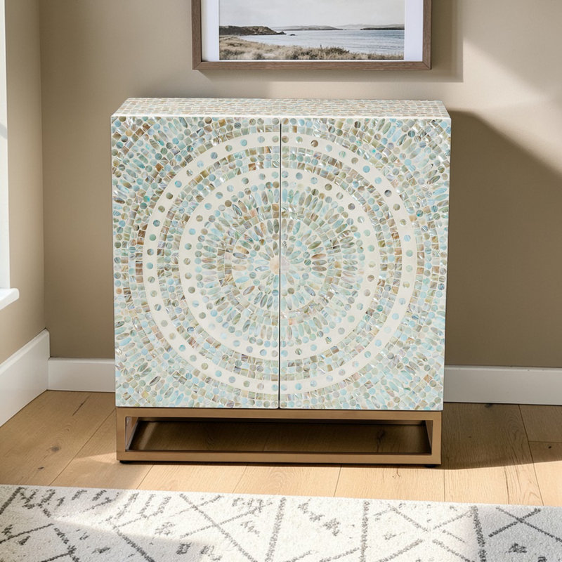 Armoire de rangement Providence multicolore bohème avec incrustation de nacre et structure en métal doré