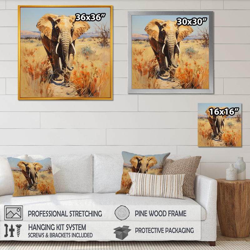 Éléphant gris à l'horizon africain - Éléphant, art mural animal, Cadre flottant doré, H 16 po x l 16 po x P 1 po