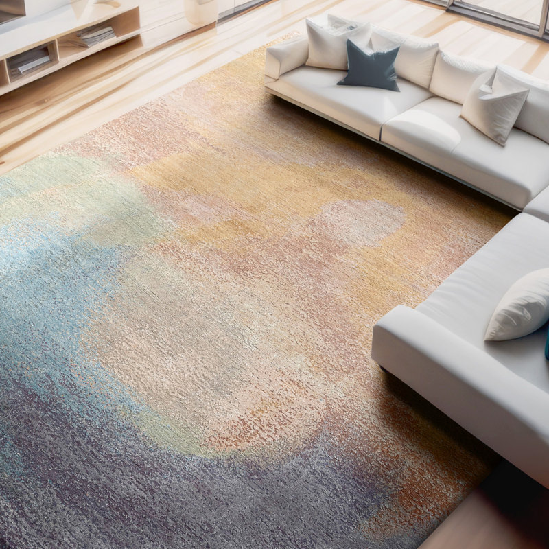 Tapis rectangulaire en laine / soie noué à la main beige / orange / bleu, Rectangle 8 pi x 10 pi