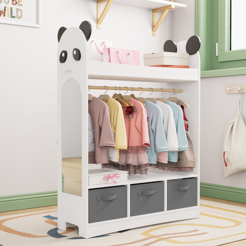 Elegant Kids Dress Up Wardrobe Closet With Child-size Mirror, Open Kids Armoire Wardrobe With 3-tier Storage Shelf And 3 Storage Drawers For Costume, Hats, Shoes And Other Things, Panda Edition