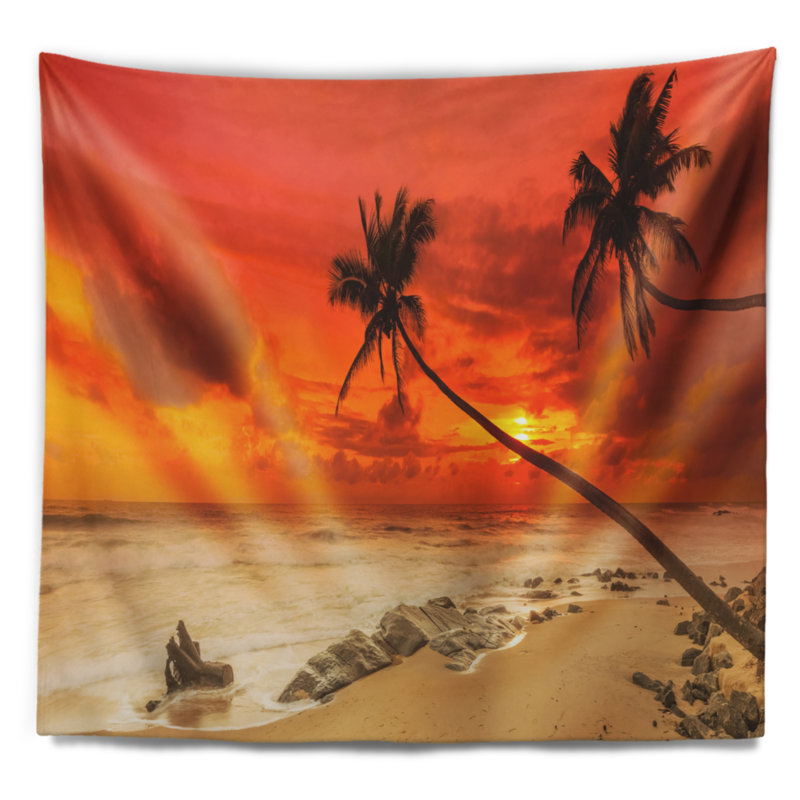 Silhouette de palmiers de mer courbées à la tapisserie de mer, H 78 po x l 92 po