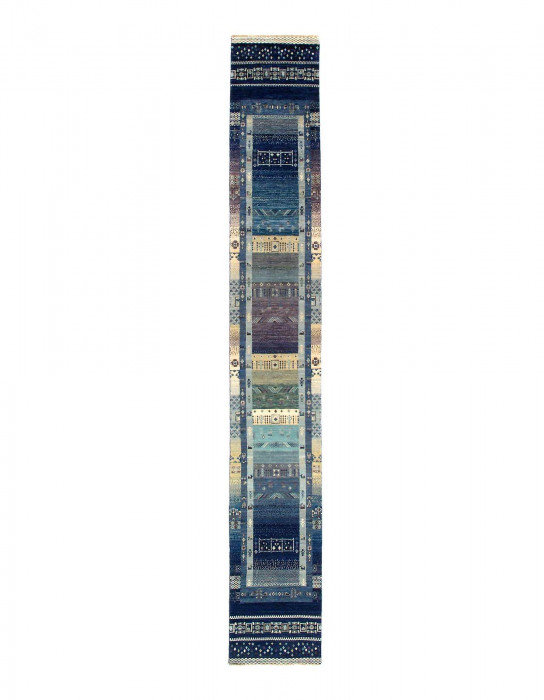 Tapis de couloir unique en laine 2 pi 5 po x 17 pi 7 po Naia Bleu, beige, olive