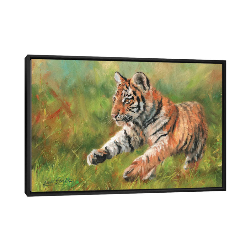 « tiger cub running », impression sur toile, H 18 po x l 26 po x P 1,5 po, Toile avec cadre noir, Pas de tapis