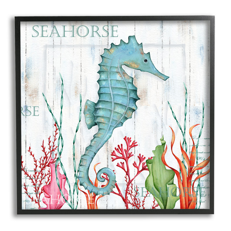 « Seahorse On Rustic Plank Motif encadré sur bois» par Emma Leach, impression, Giclée encadrée noir minuit