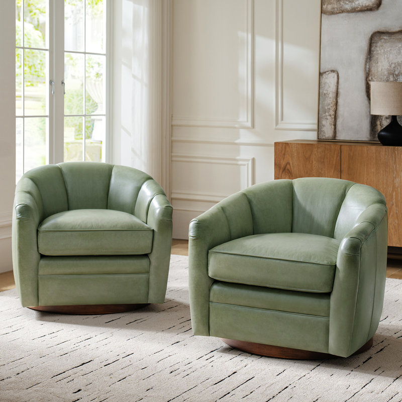 Guarracino 29.25" Top-Grain Leather Swivel Chair With Solid Wood Base Set Of 2, Light Gray
